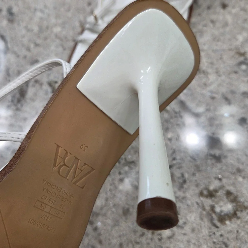 Zara‎ White Heeled Sandals Square Toe Ankle Strap Minimalist Size 39 - Picture 8 of 12